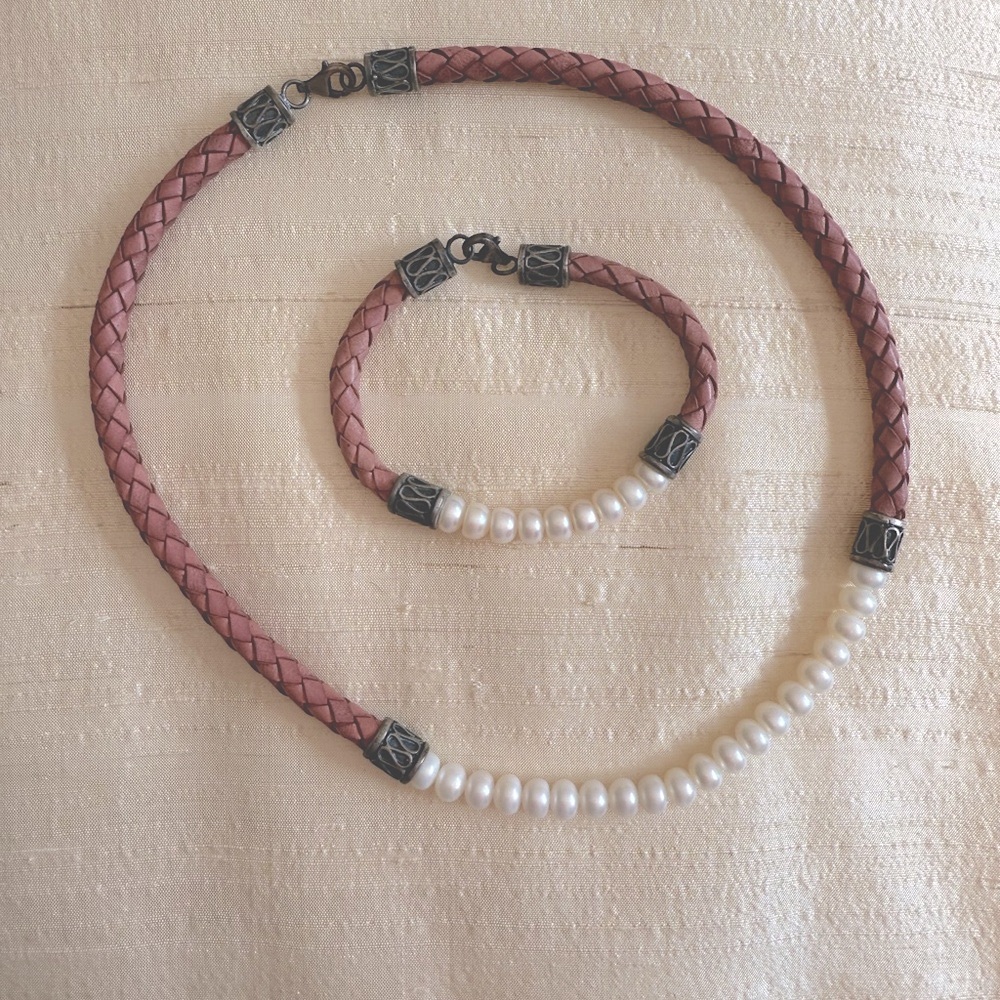 Honora Pink Braided Leather, Silver and Pearl Necklace and Bracelet Set